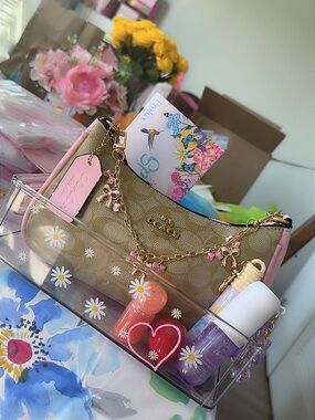 Coach Mini Shoulder Bag in Gold with Pink Trim and Floral Charm